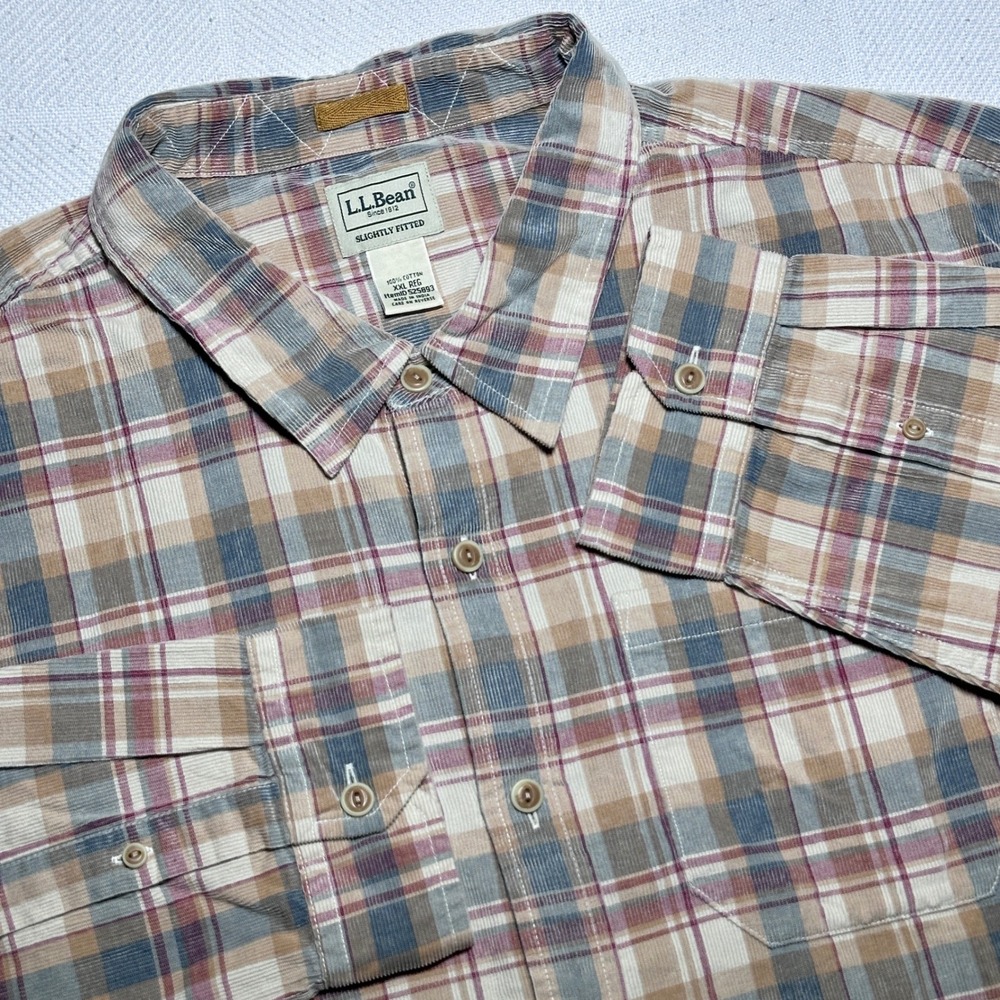 LL Bean Sunwashed Corduroy Shirt Mens 2XL Slightly Fitted Redwood Plaid Tan Blue